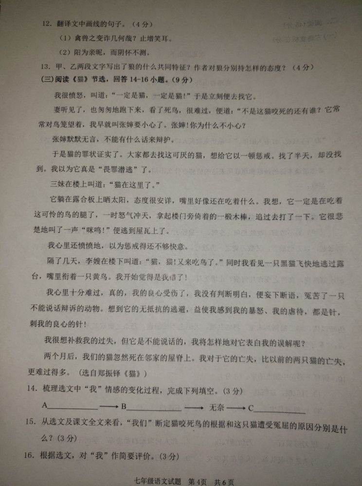 2019-2020山东枣庄七年级语文上册期末试题（图片版）