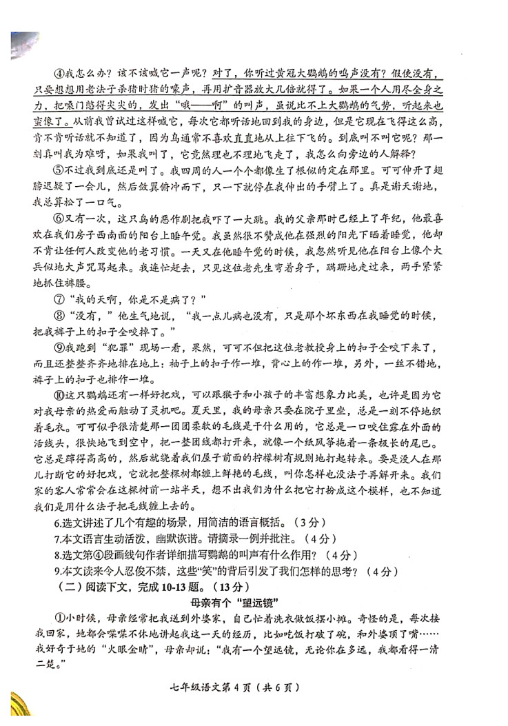 2019-202河南洛阳七年级语文上册期末试题无答案