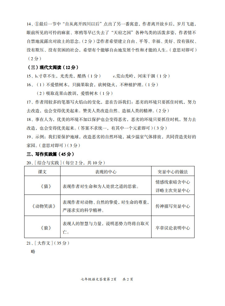 2019-2020山西灵丘县七年级语文上册期末试题含答案