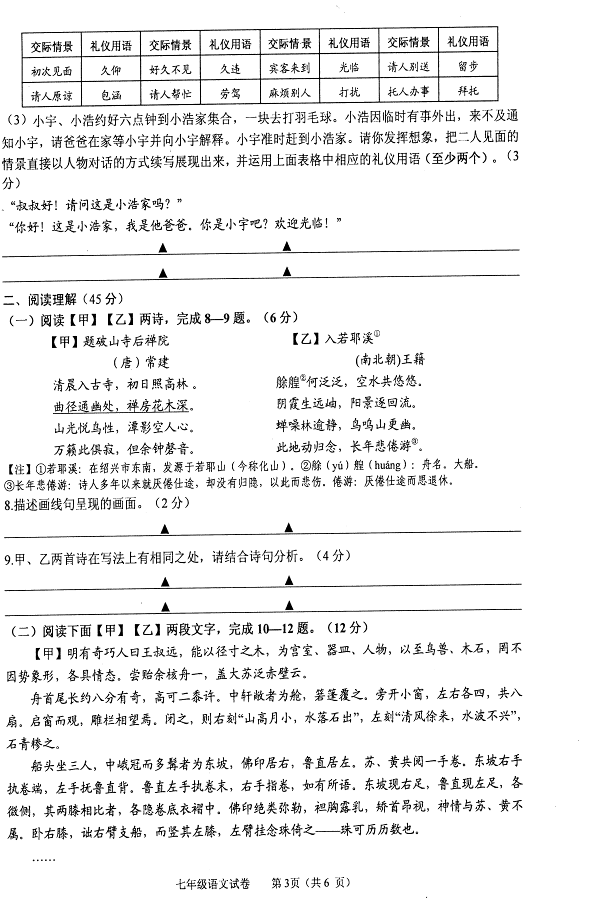 2017七年级语文期中试卷及参考答案答案（盐城市盐都区）