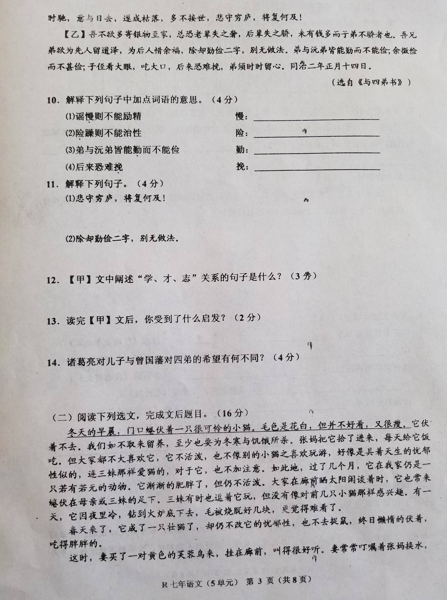 2018-2019七年级语文上册月考测试题含答案