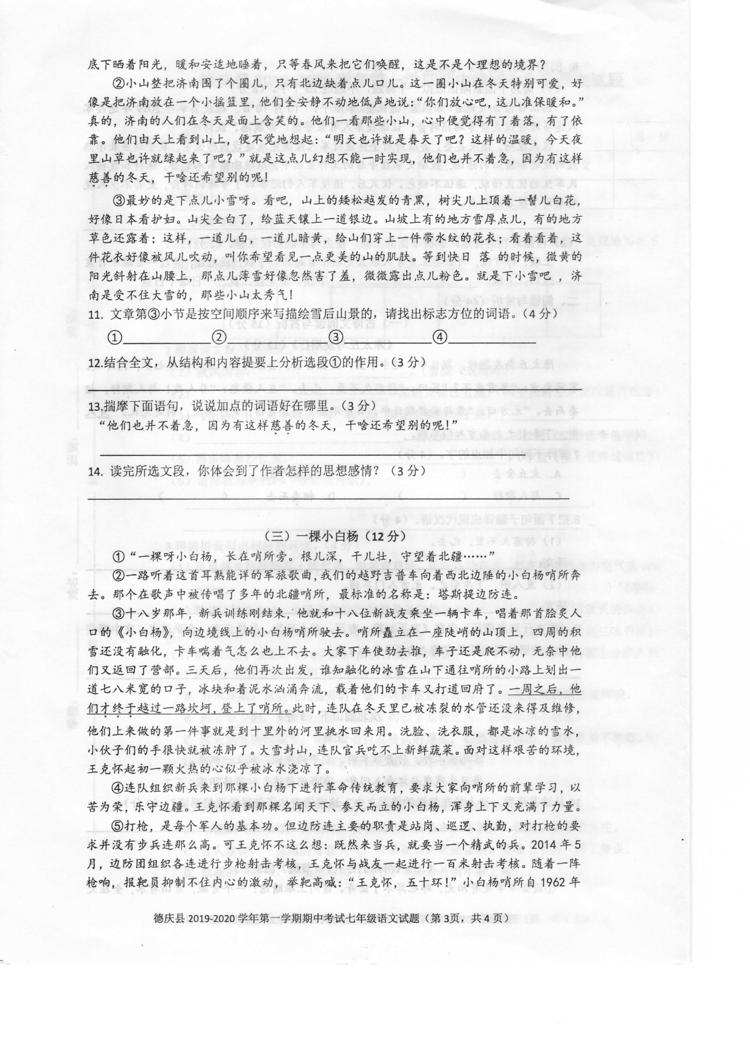 广东省肇庆市德庆县2019-2020七年级语文上册期中试卷附答案