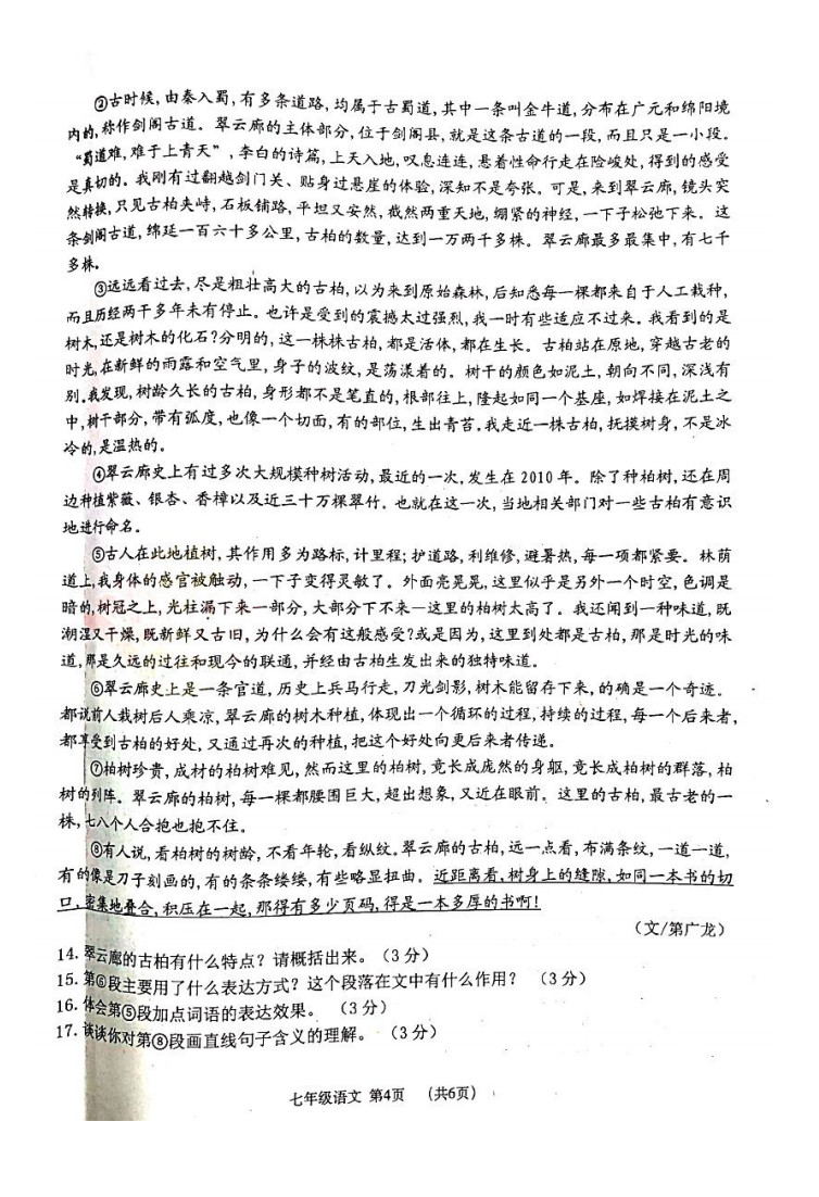 2019-2020大连市沙河口区七年级语文上册期末试题含答案