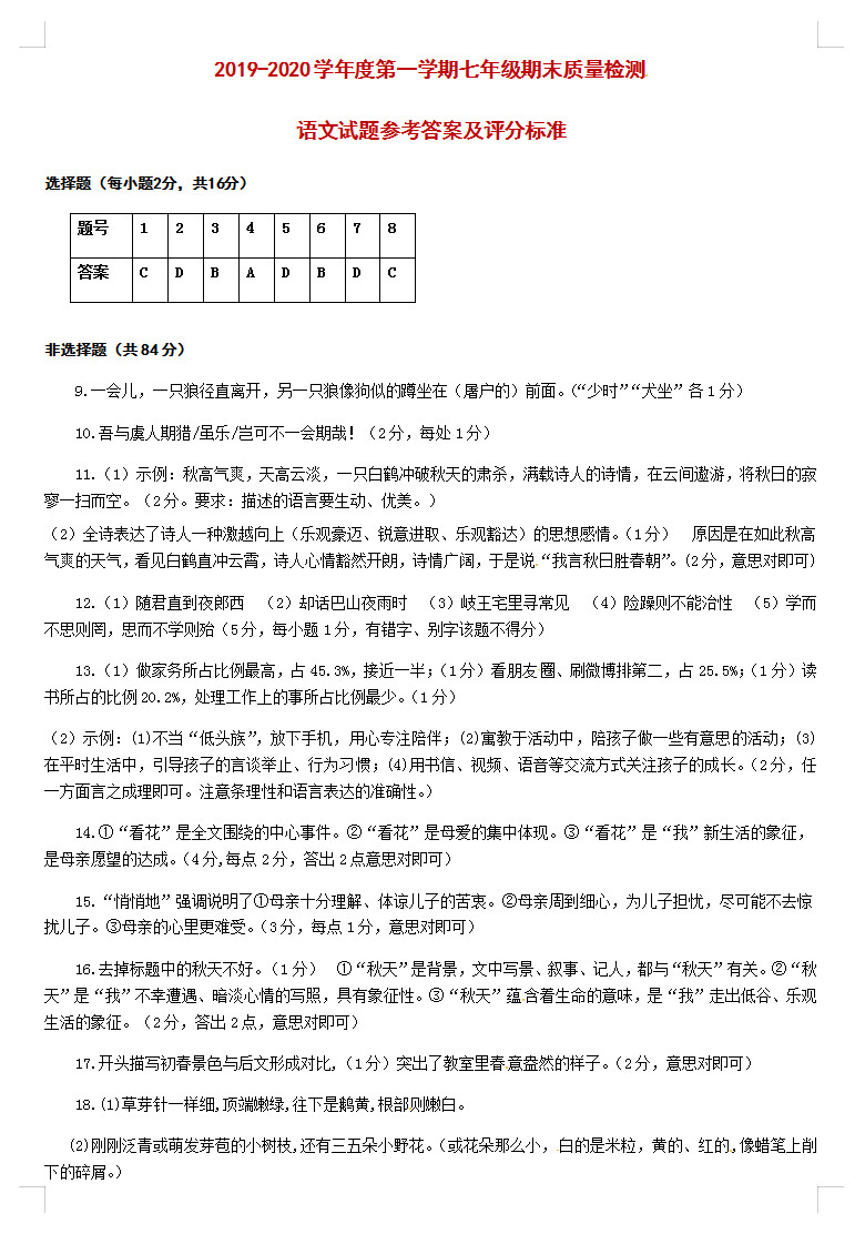 2019-2020山东兖州区七年级语文上册期末试题含答案（图片版）