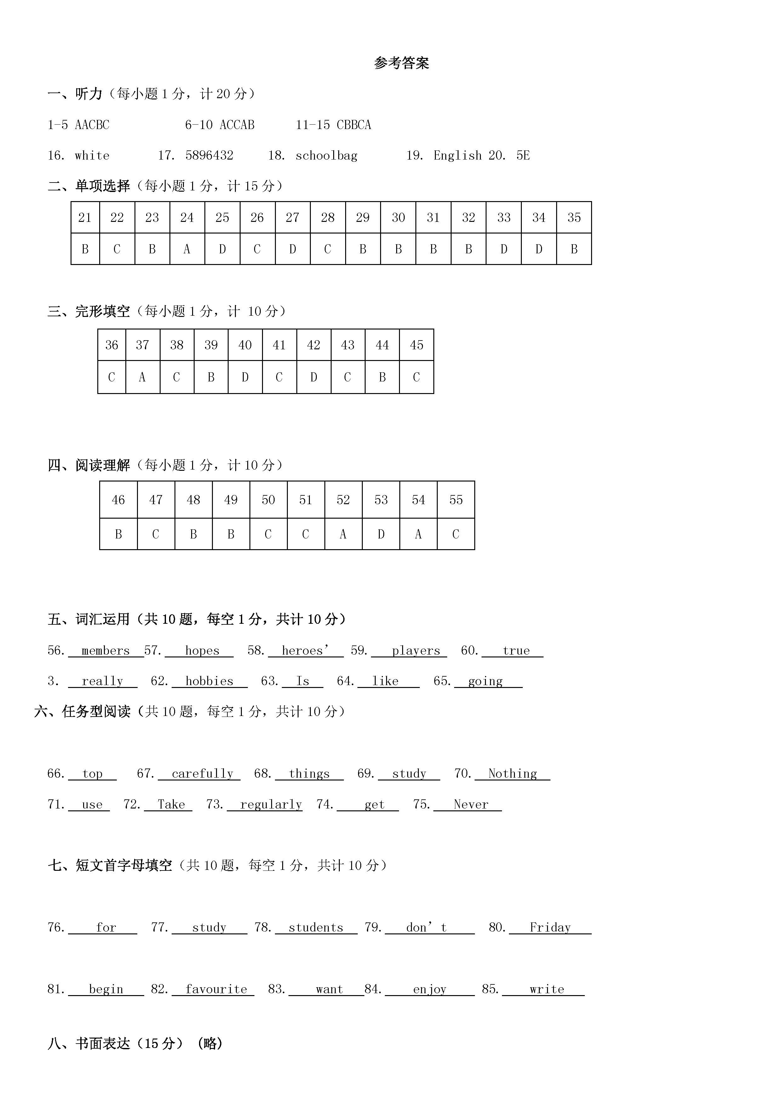 2017钦州港区七年级上11月英语月考试题（含答案）