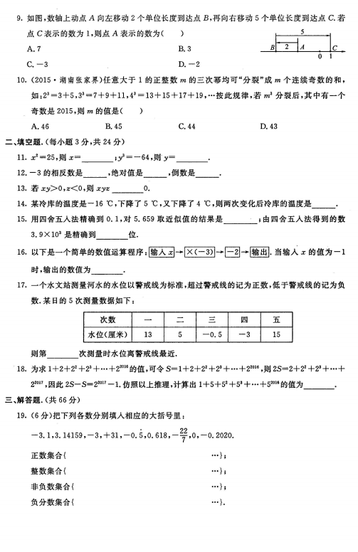 人教版2017七年级数学上册《有理数》单元试题带答案（图片）