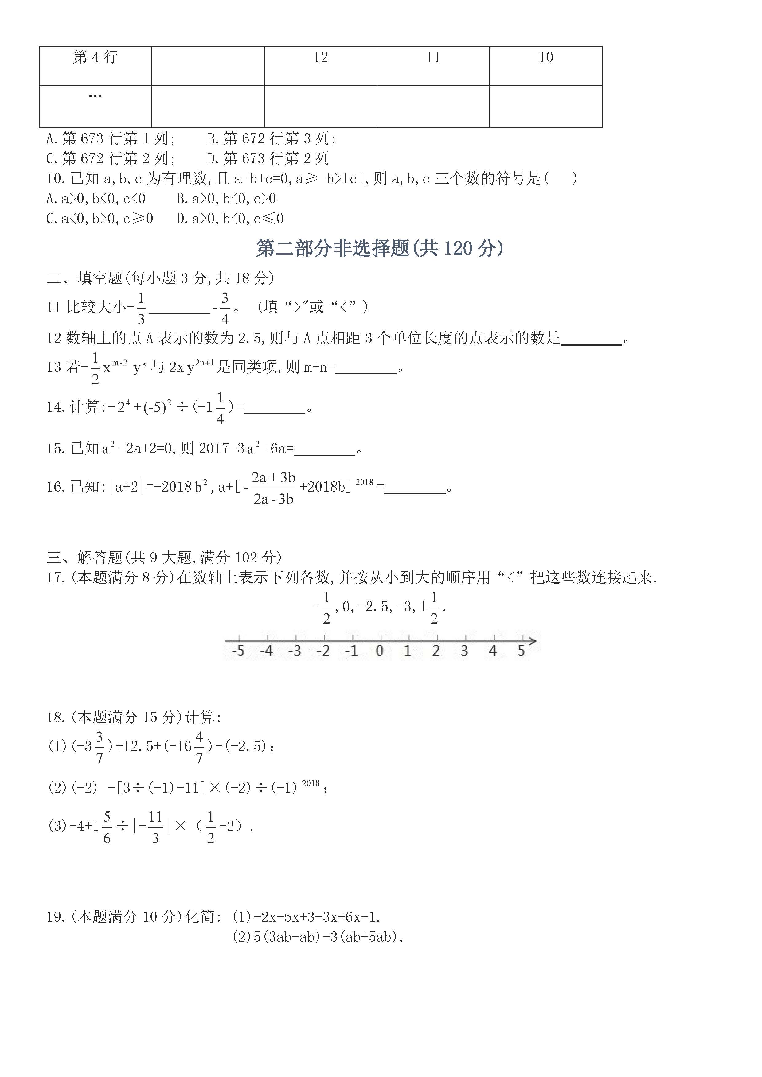 2018-2019届七年级数学上册期中测试题含答案（广东省）