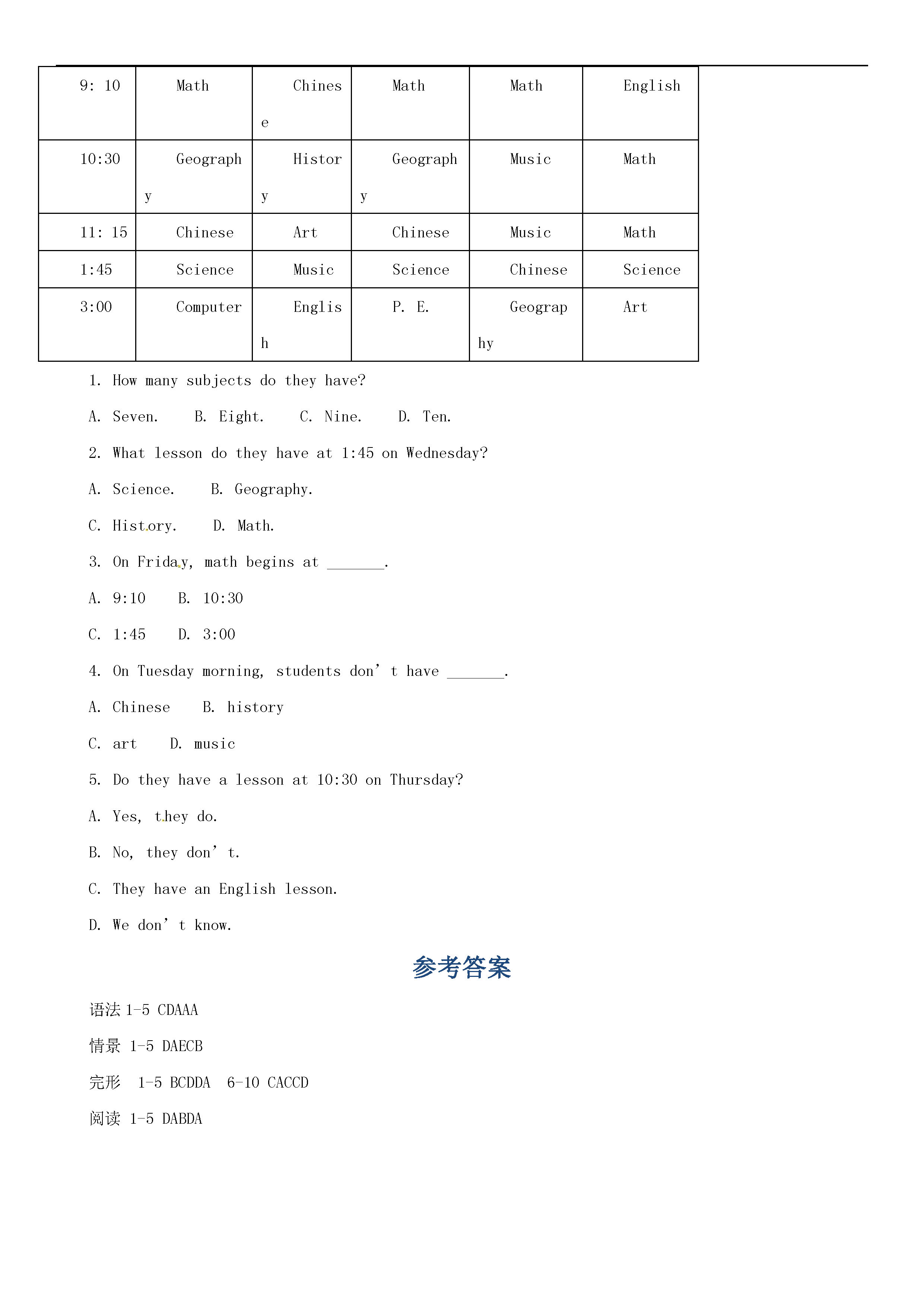 人教新目标版2018-2019七年级英语上册期末试题附答案