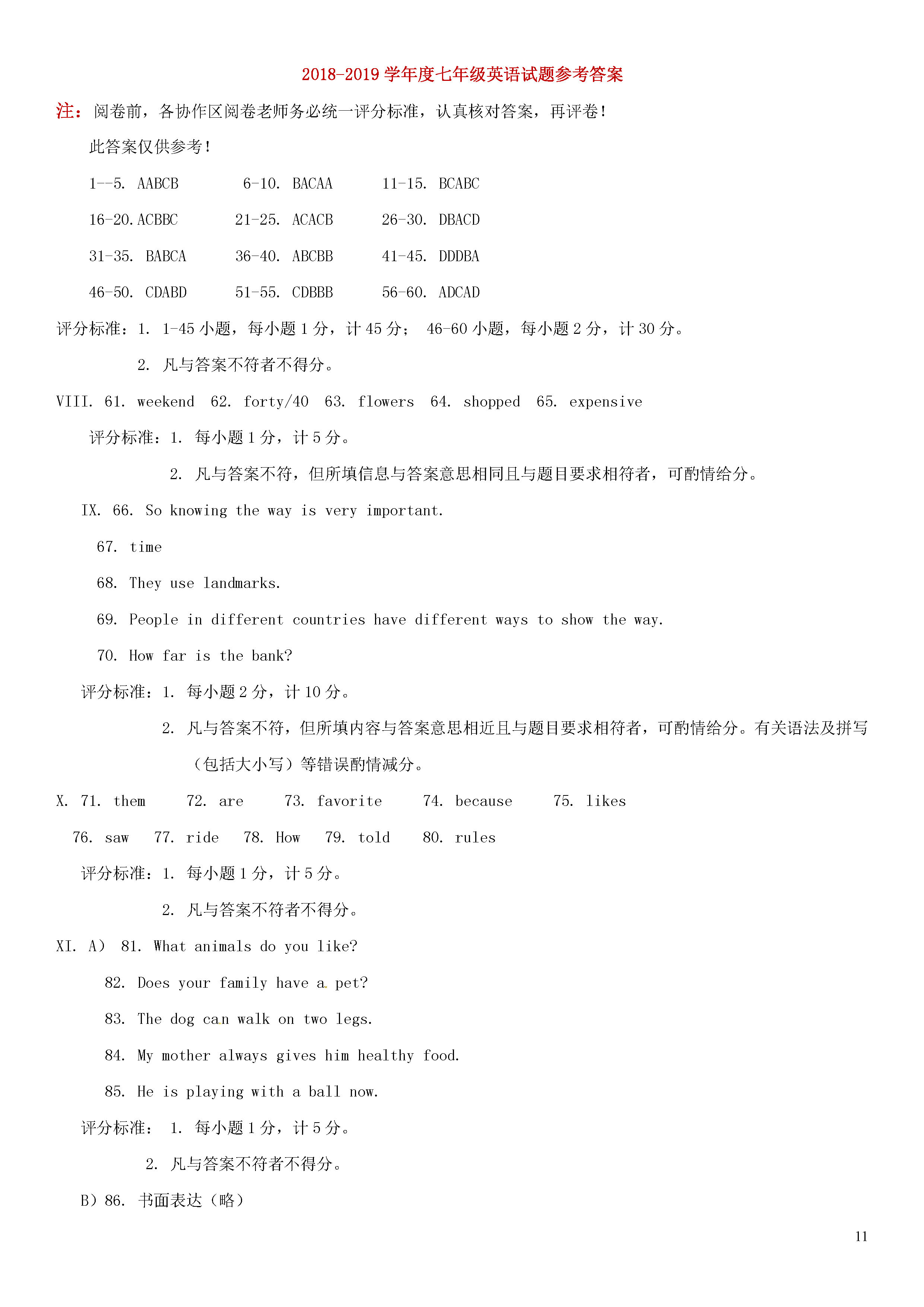 保定市唐县2018-2019七年级英语下册期末试题含答案