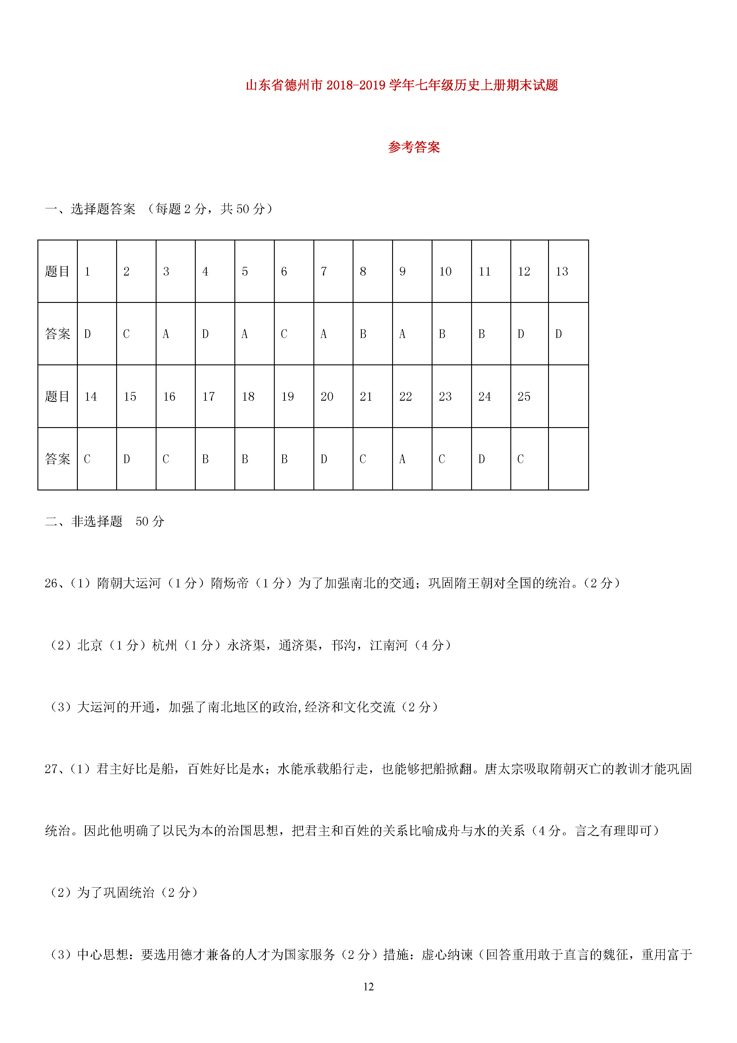 山东德州市2018-2019七年级历史上册期末试题附答案