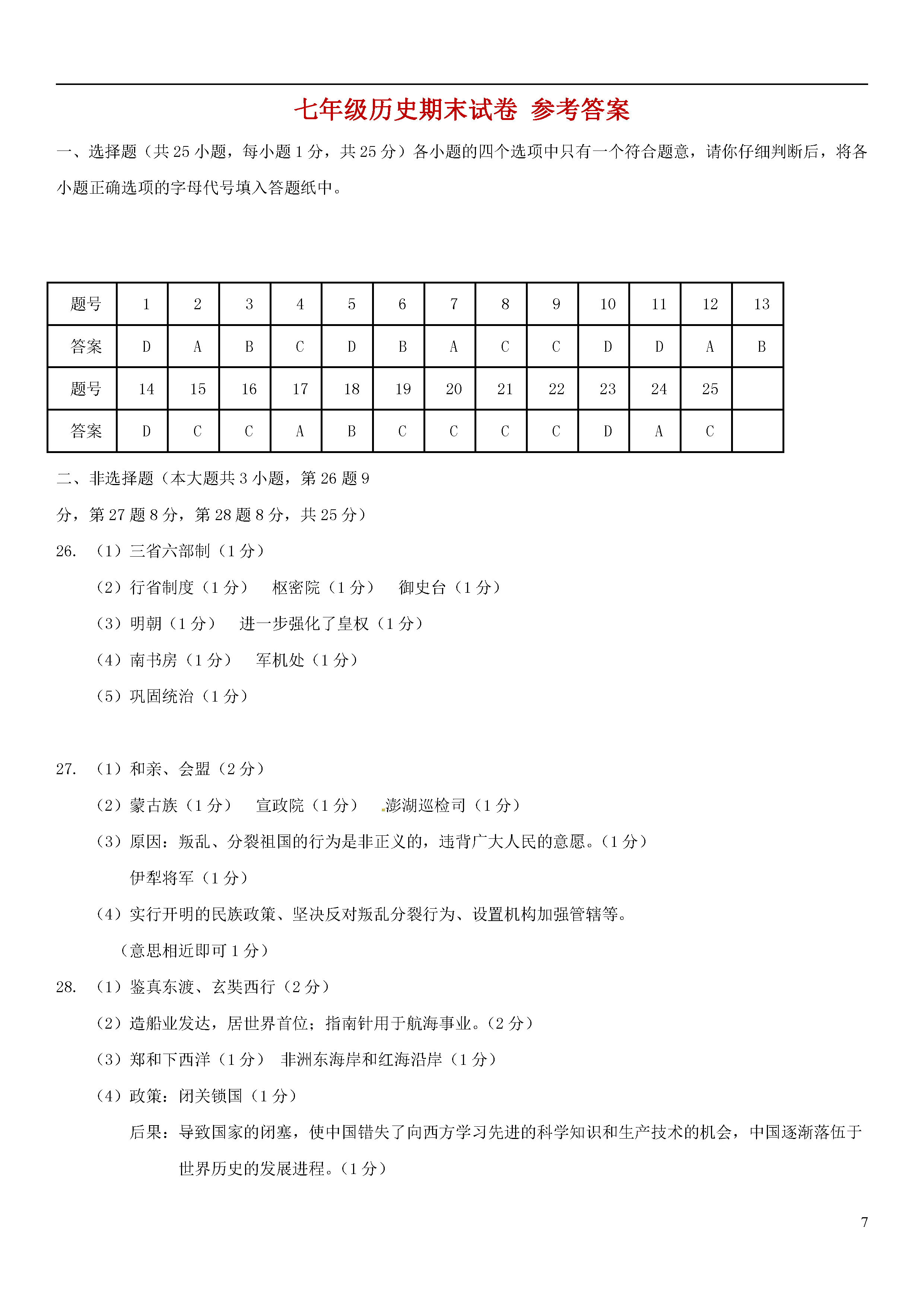 江苏高邮市2018-2019七年级历史下册期末测试题含答案