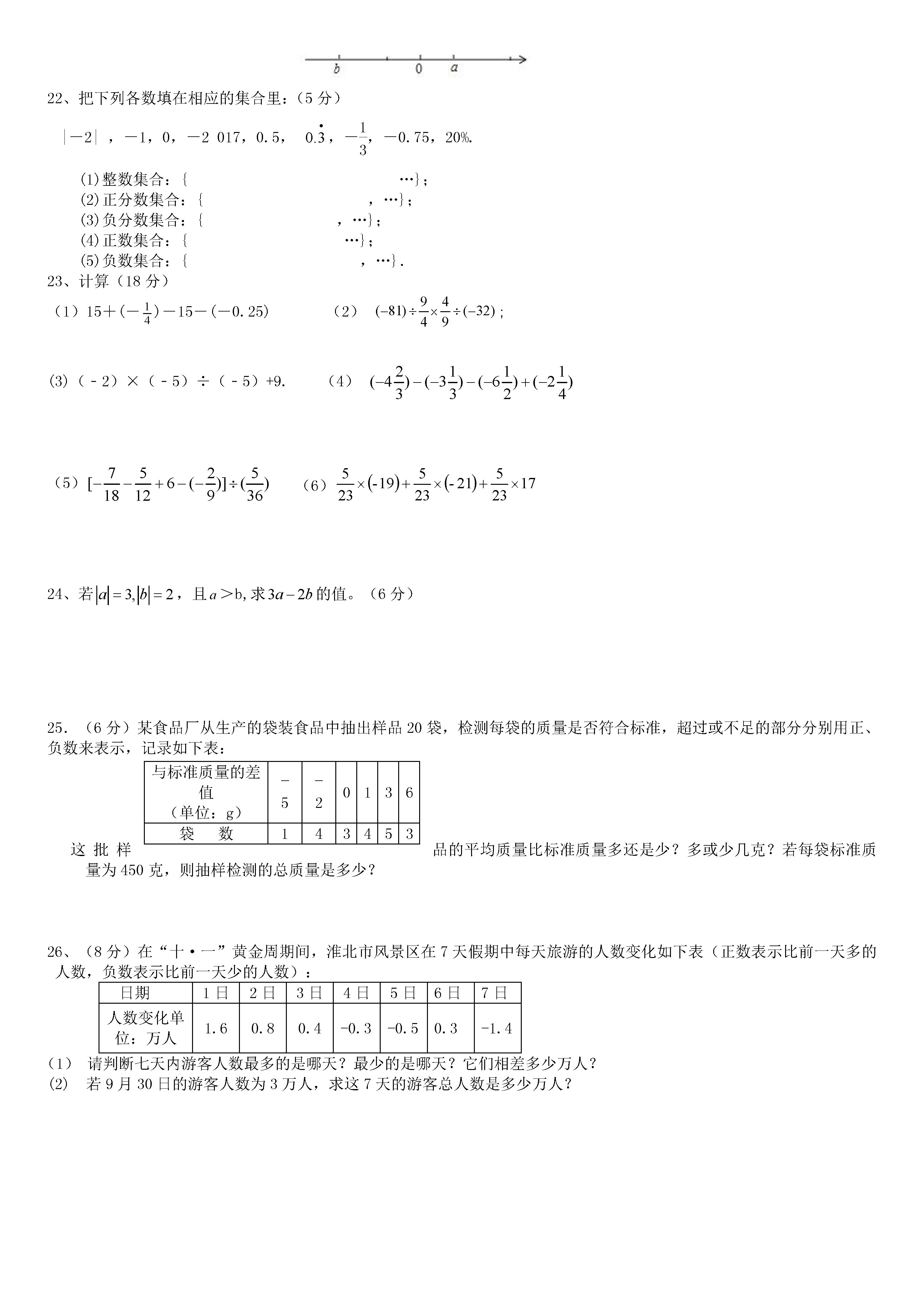 2018-2019初一年级数学上册月考测试题