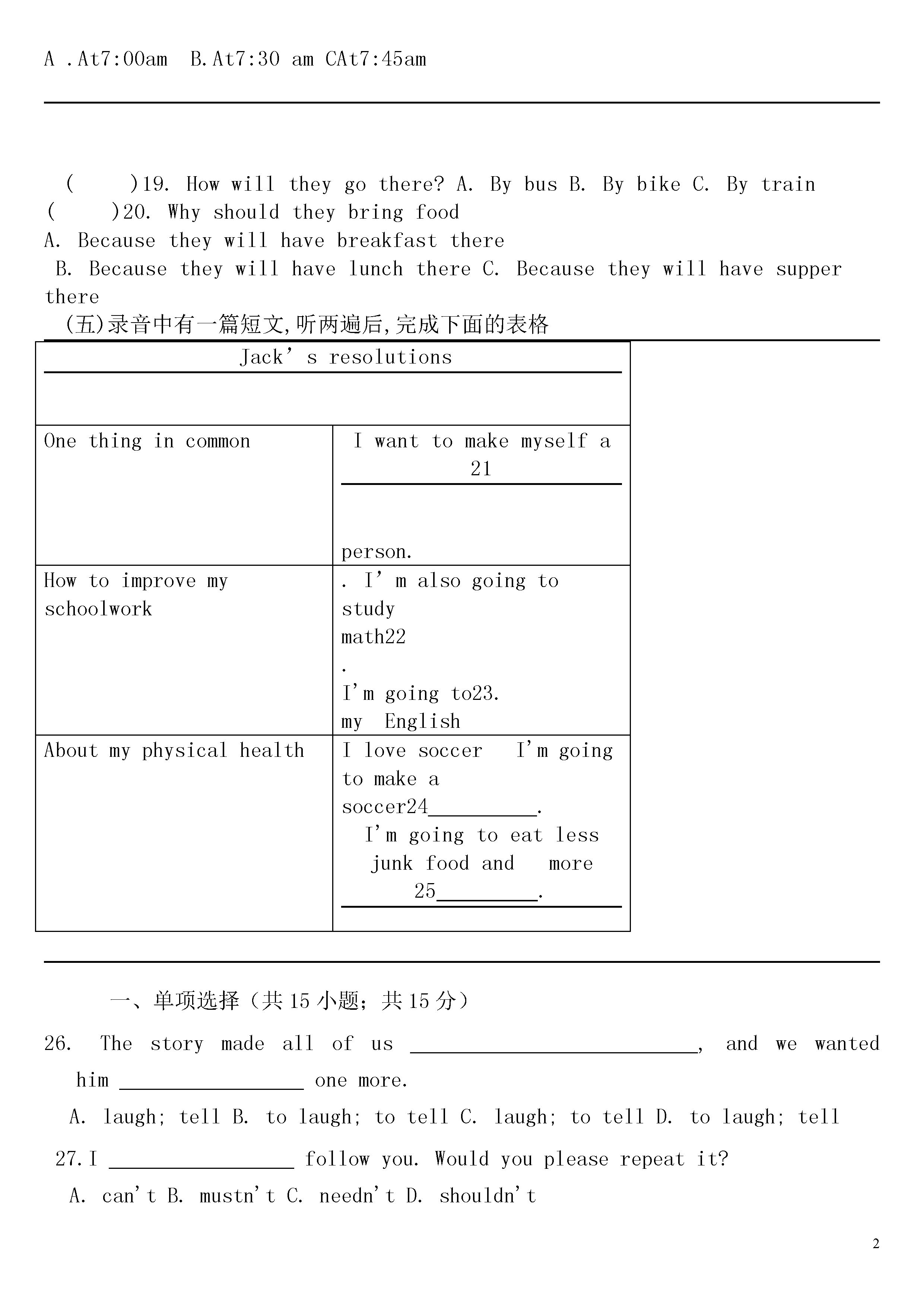 山东泰安市2018-2019七年级英语下册期中测试题附答案（鲁教版）