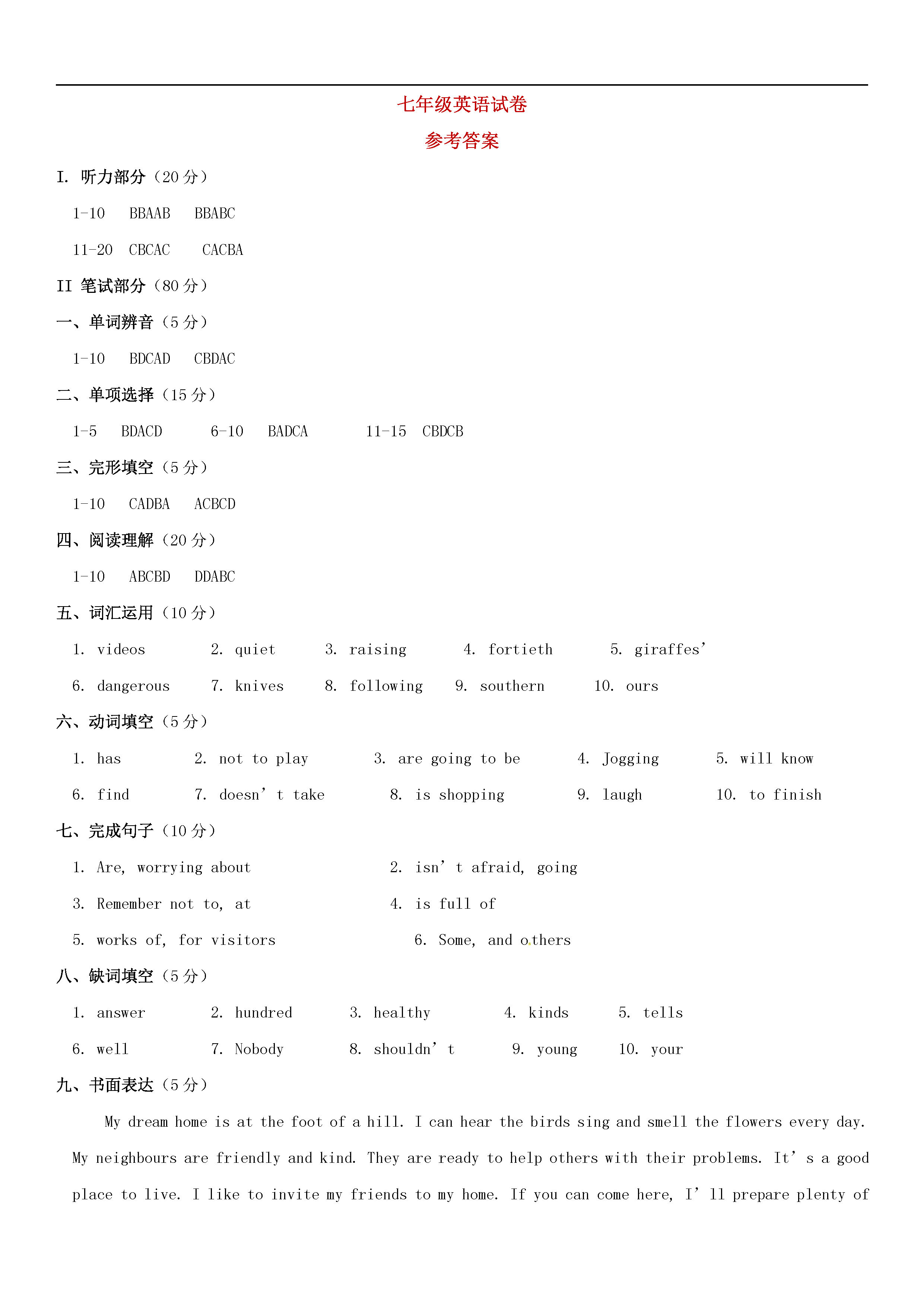 江苏省无锡市锡东片2018-2019七年级英语下册期中测试题附答案