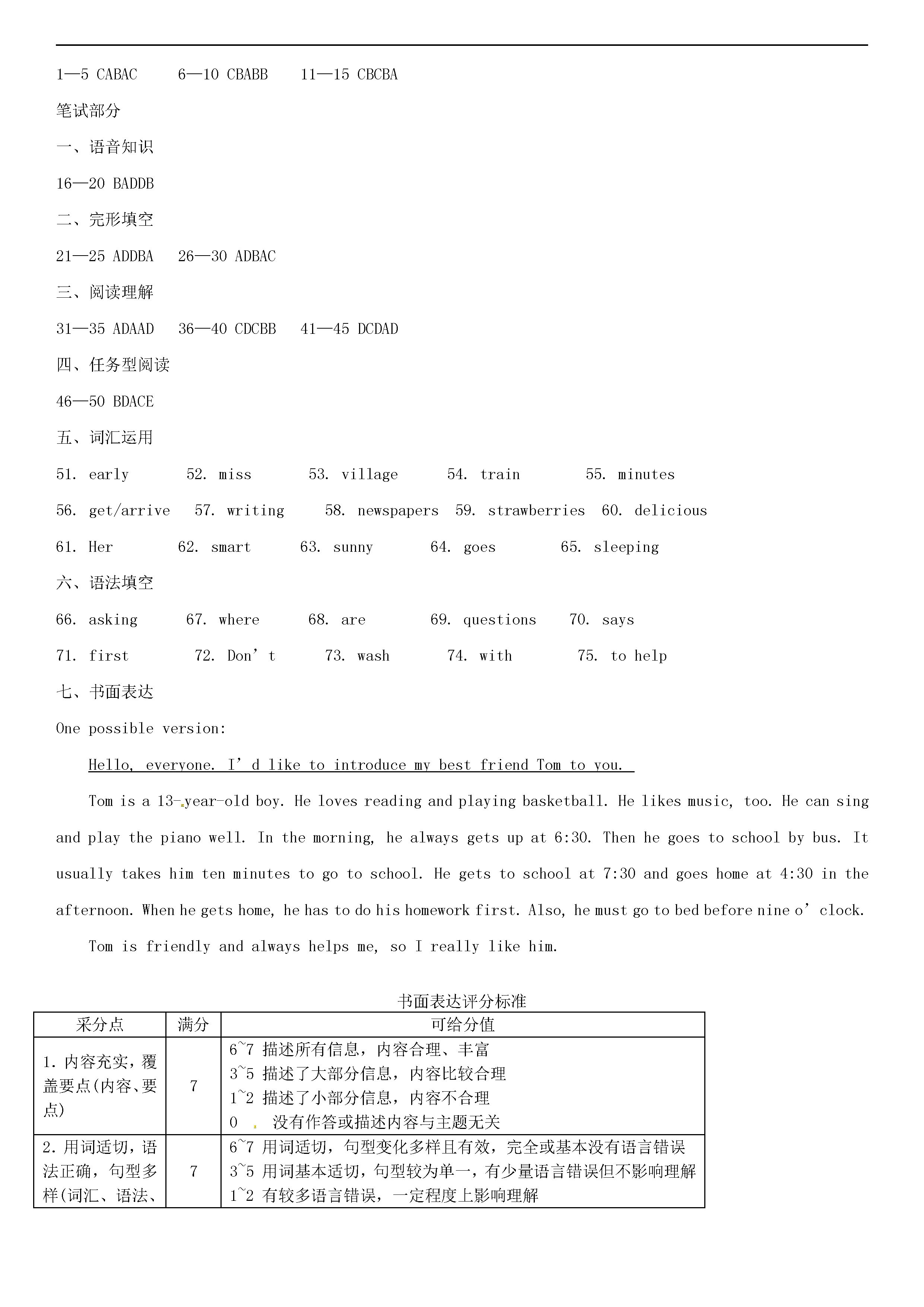 浙江省宁波地区2018-2019七年级英语下册期中测试题附答案