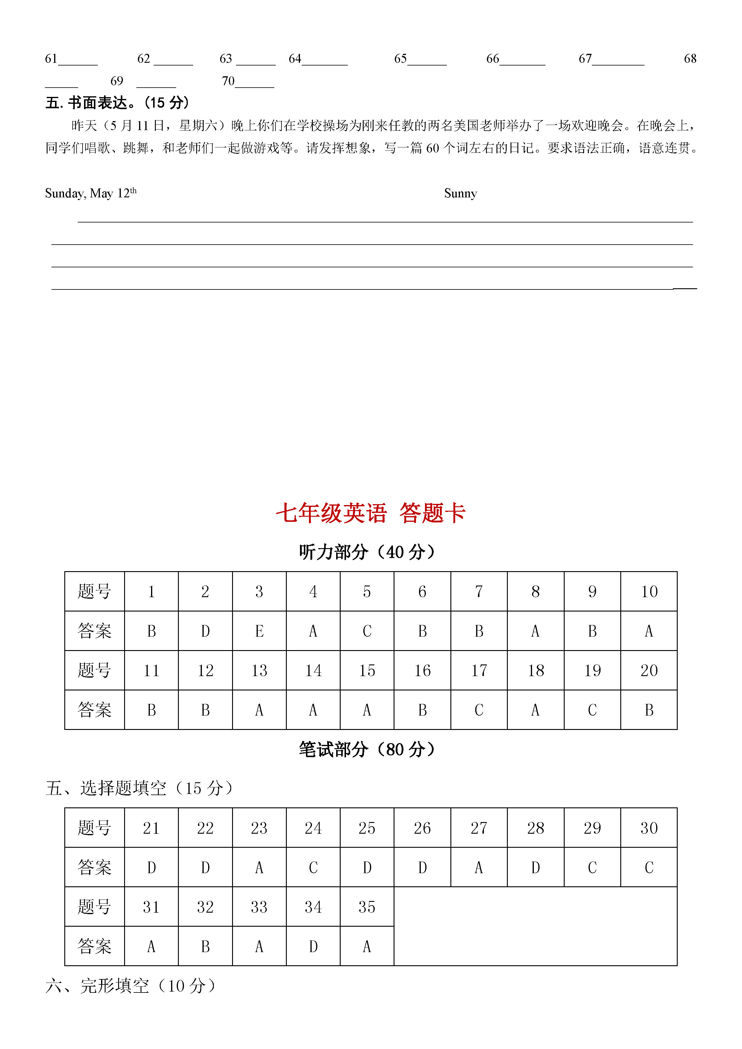 2018-2019七年级英语下册月考测试题附答案（人教新目标版）