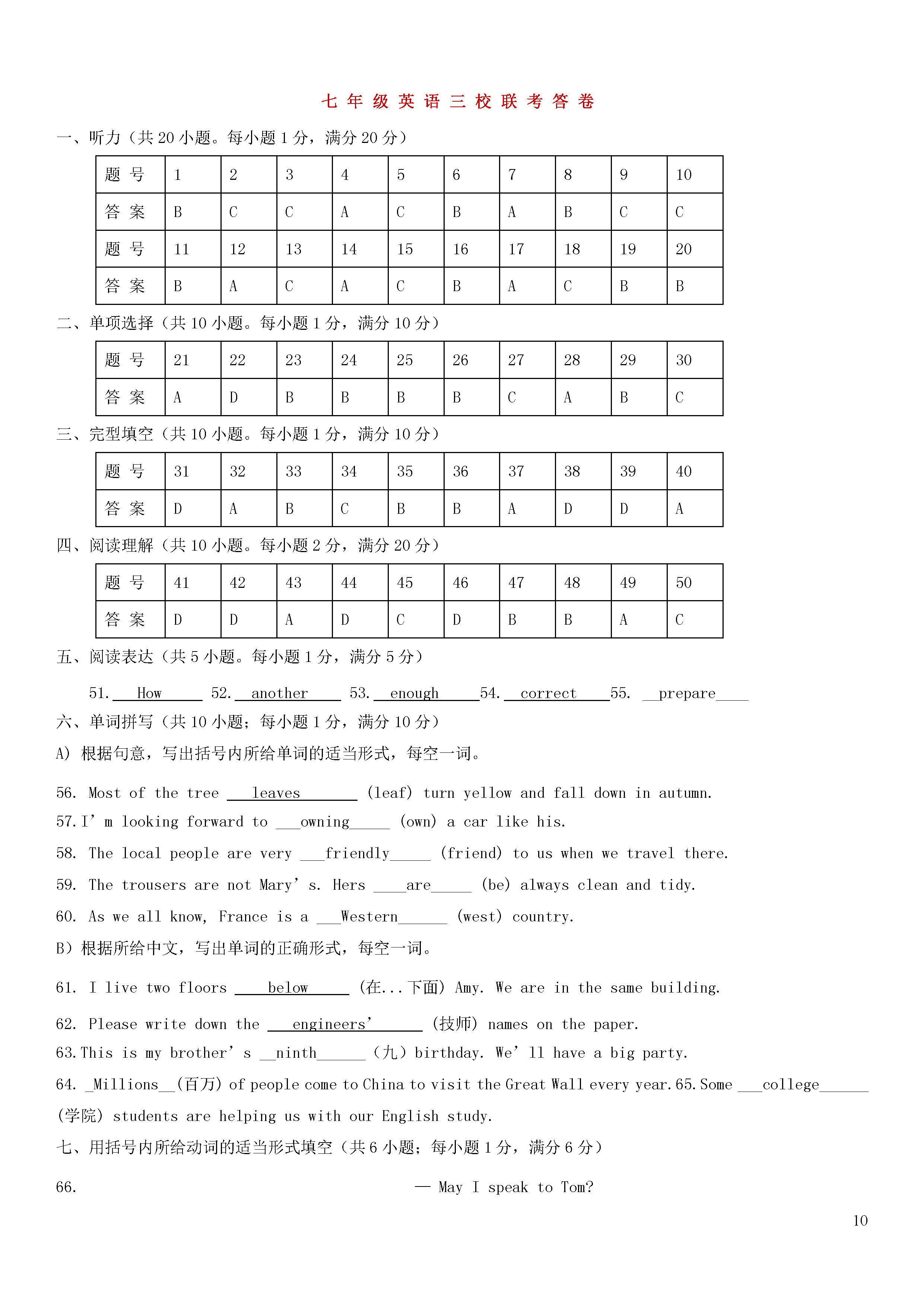 江苏省金坛市三校2018-2019七年级英语下册联考测试题附答案