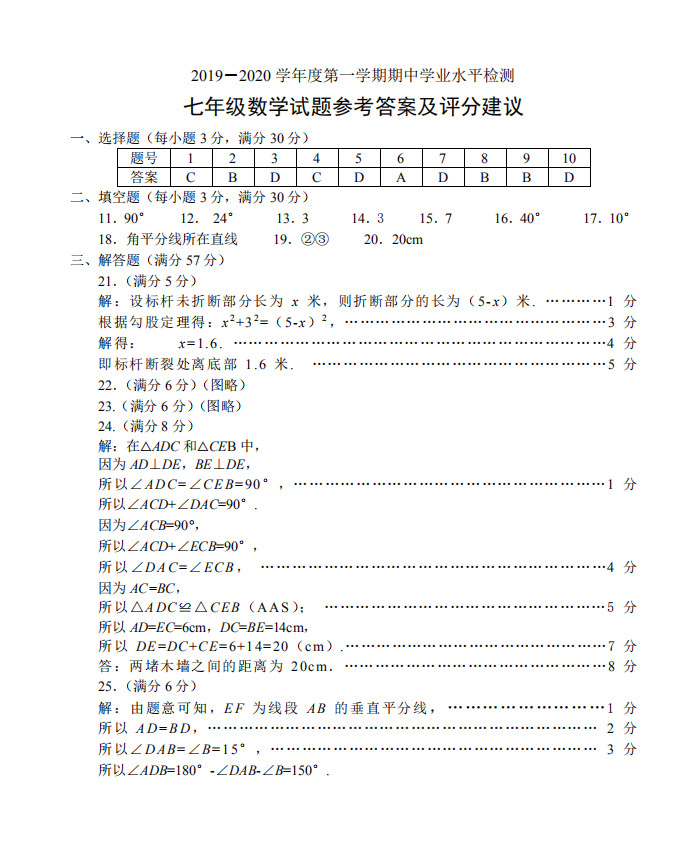 山东省莱州市2019-2020七年级数学上册期中联考试卷含答案（图片版）