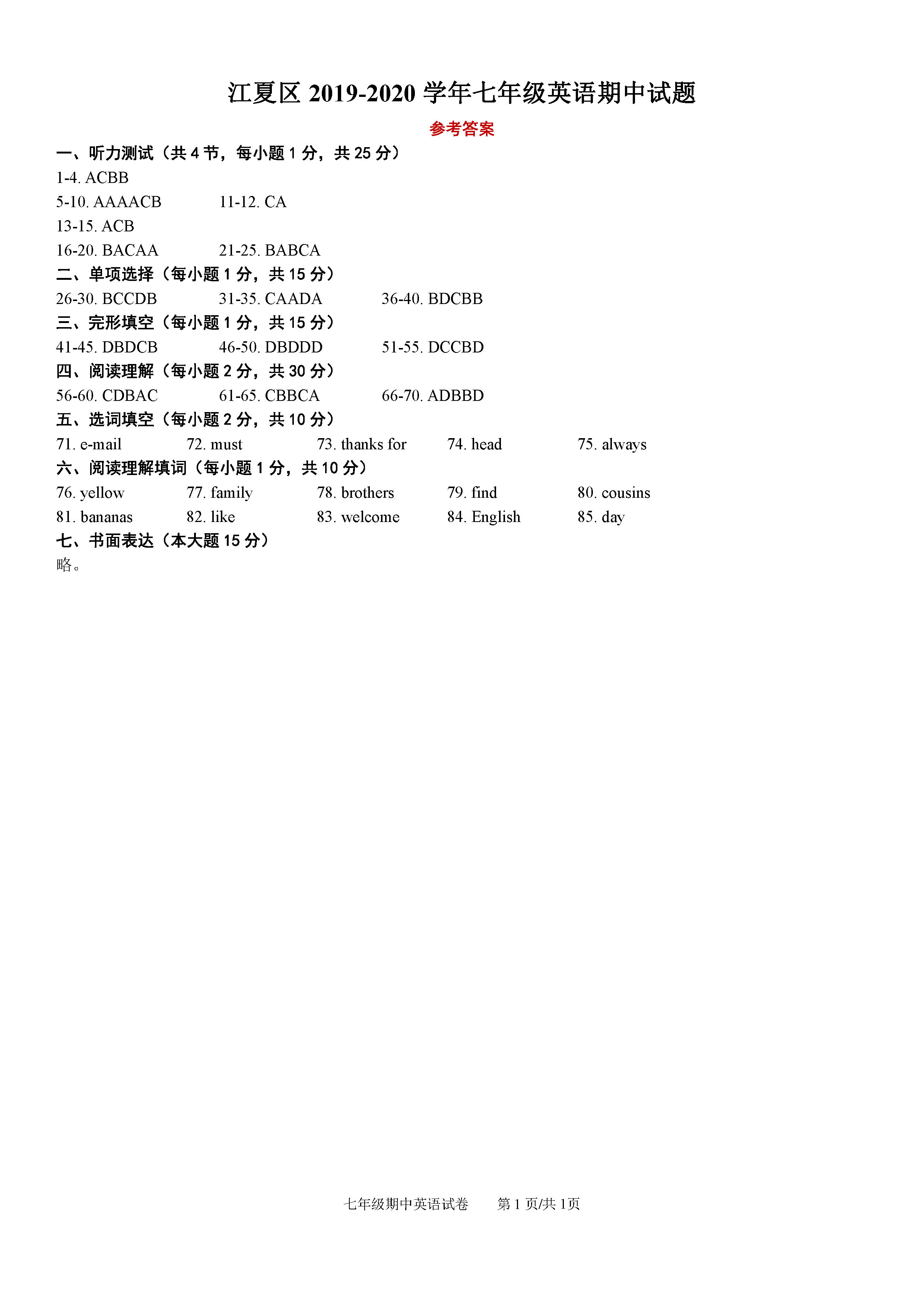 2019-2020武汉市江夏区七年级英语上册期中试题含答案