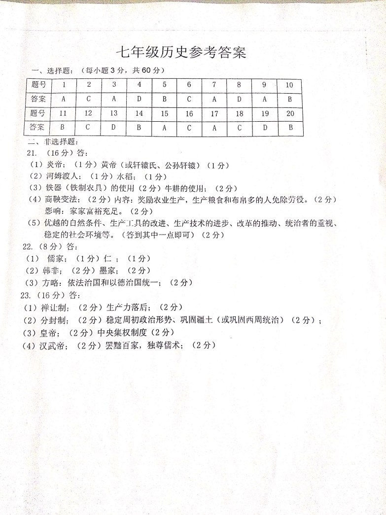 2019-2020江苏省淮安市七年级历史上册期中试题含答案（图片版）