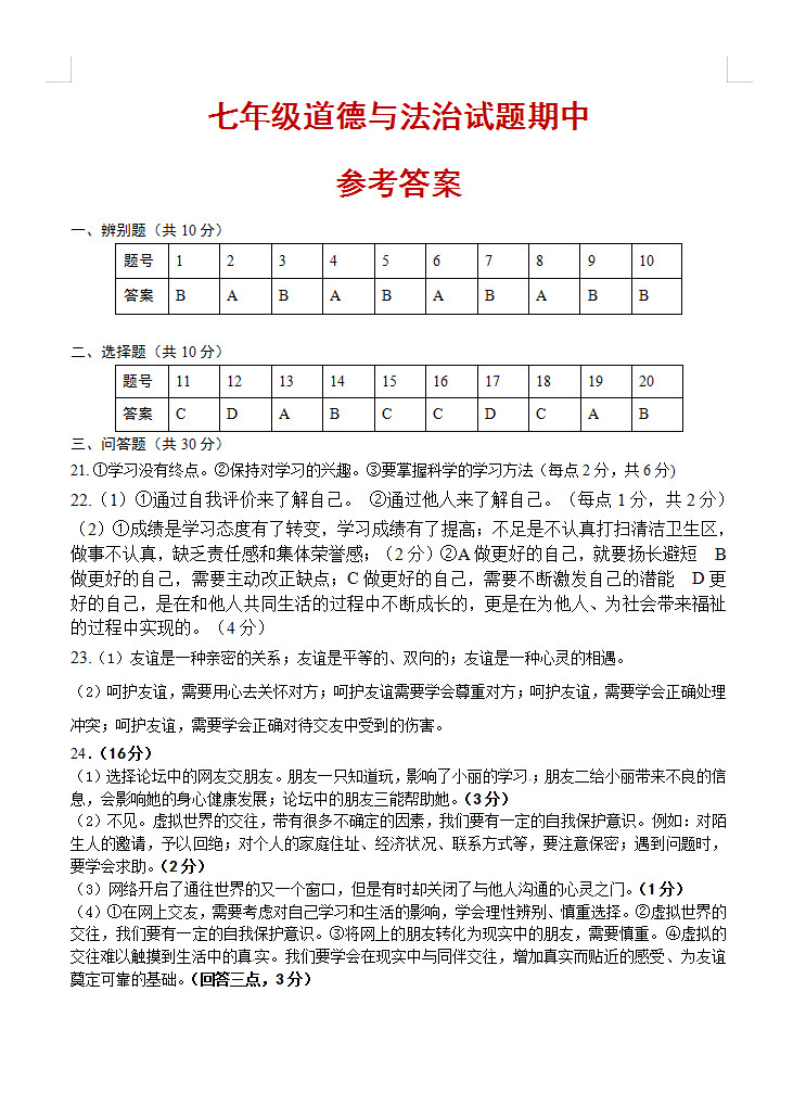 2019-2020山东菏泽郓城县七年级政治上册期中试题含答案（图片版）