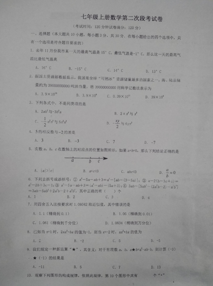 2019-2020湖北省随州市七年级数学上册期中试题无答案（图片版）