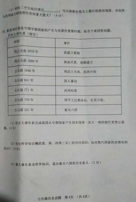 2019-2020山东菏泽市七年级上册历史期中试题含答案（图片版）