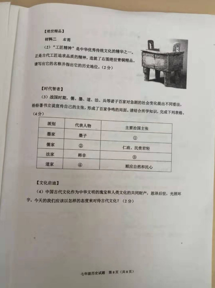 2019-2020山东济宁市七年级上册历史期中试题无答案（图片版）