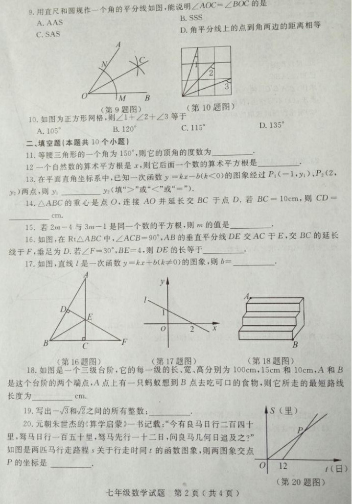 2019-2020山东省莱州市七年级数学上册期末试题含答案（图片版）