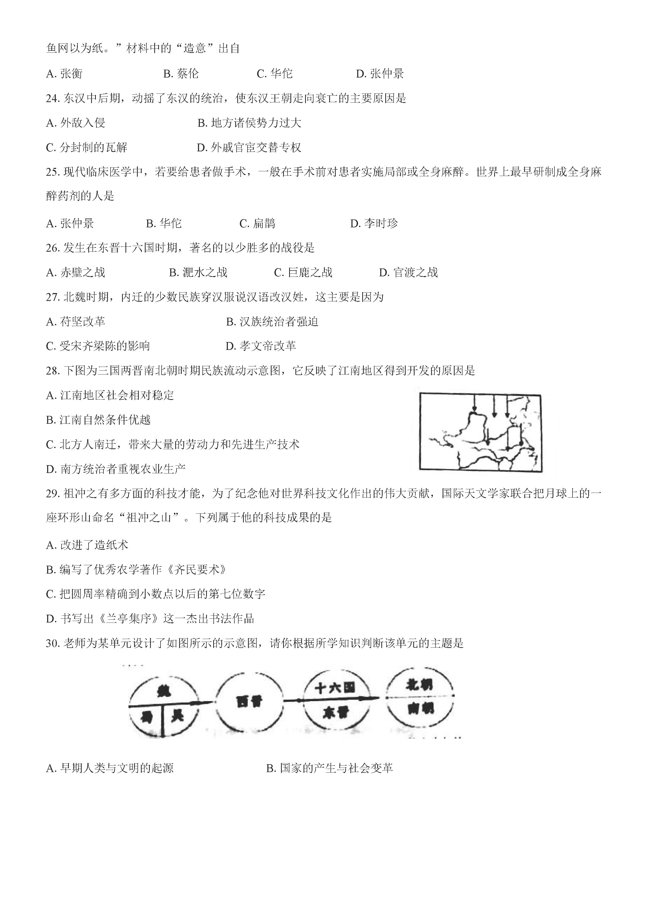 2019-2020江苏省南通市区七年级历史上册期末试题无答案