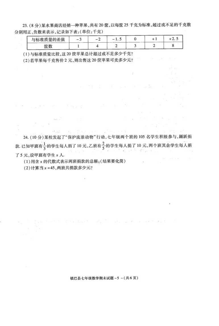 2019-2020陕西镇巴县七年级数学期末试题含答案