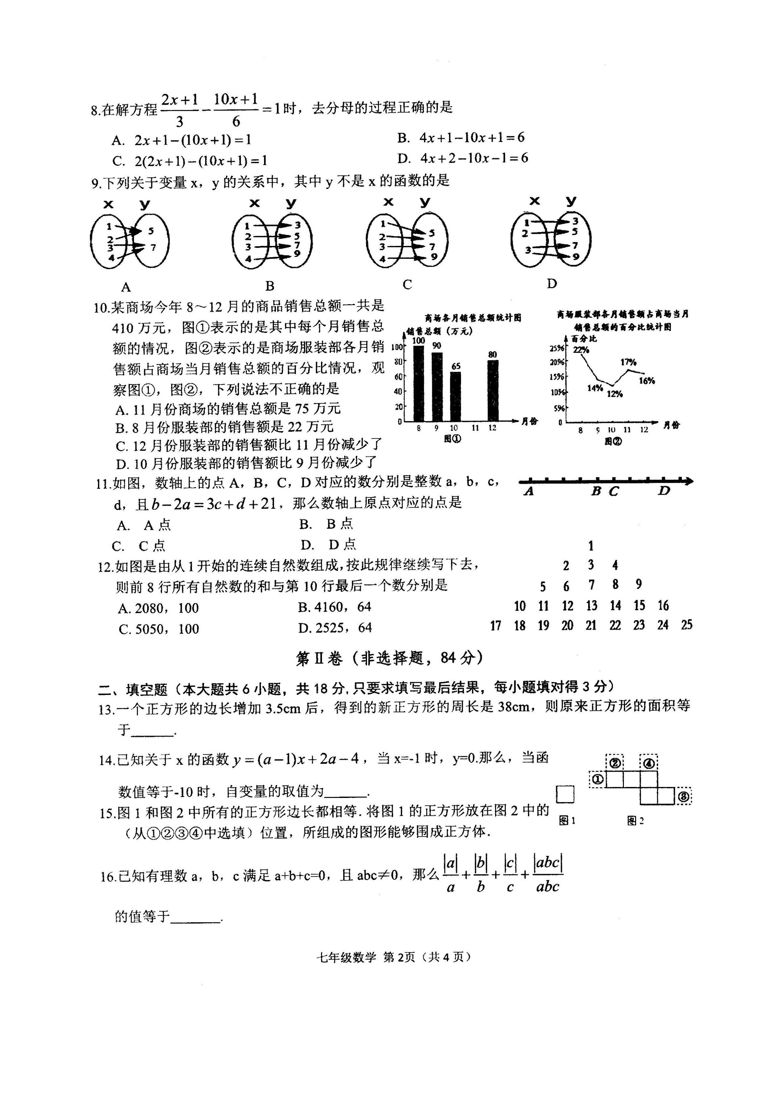 2019-2020山东潍坊初一数学上期末试题无答案