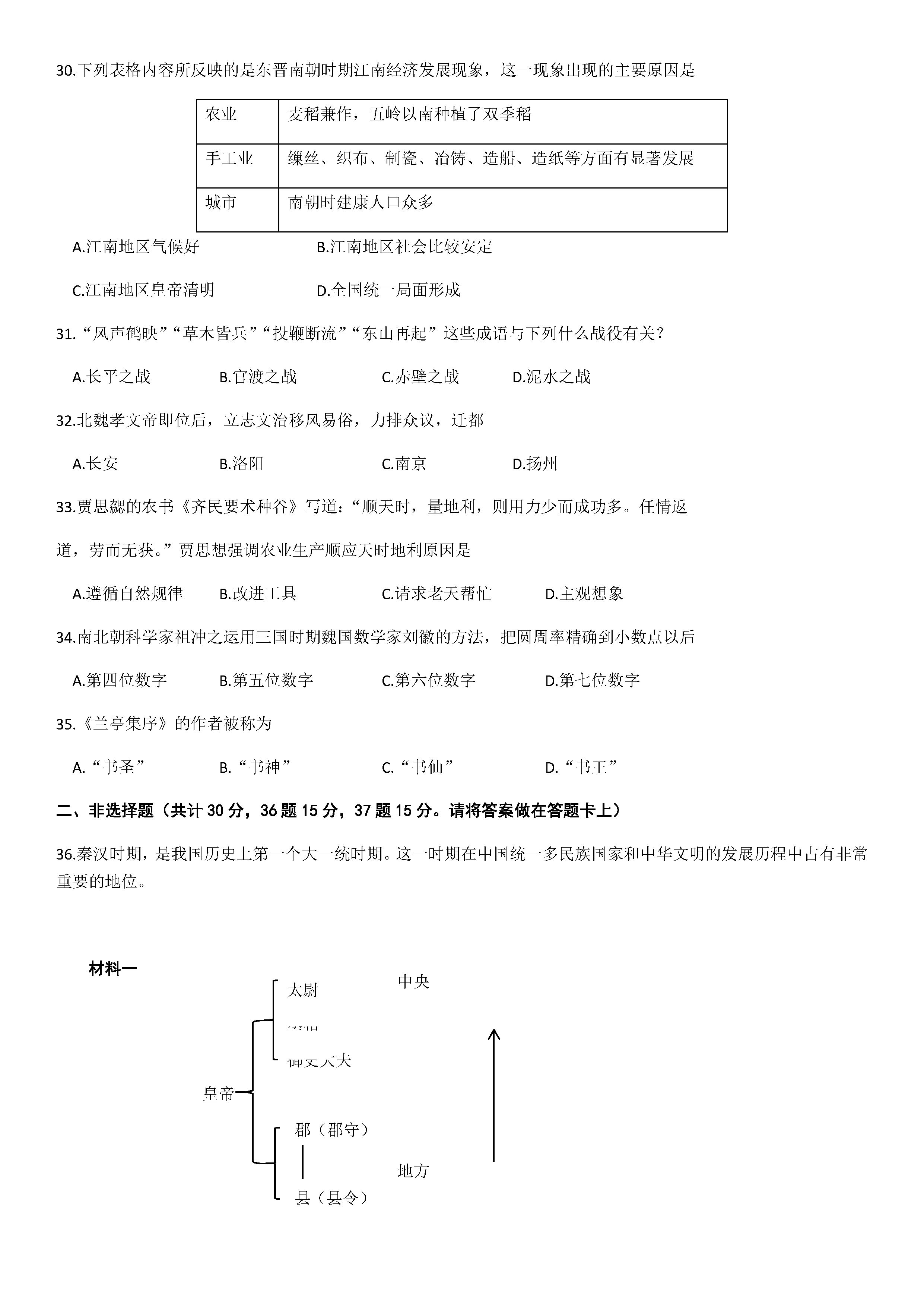 2019-2020江苏扬中初一历史上册期末试题含答案