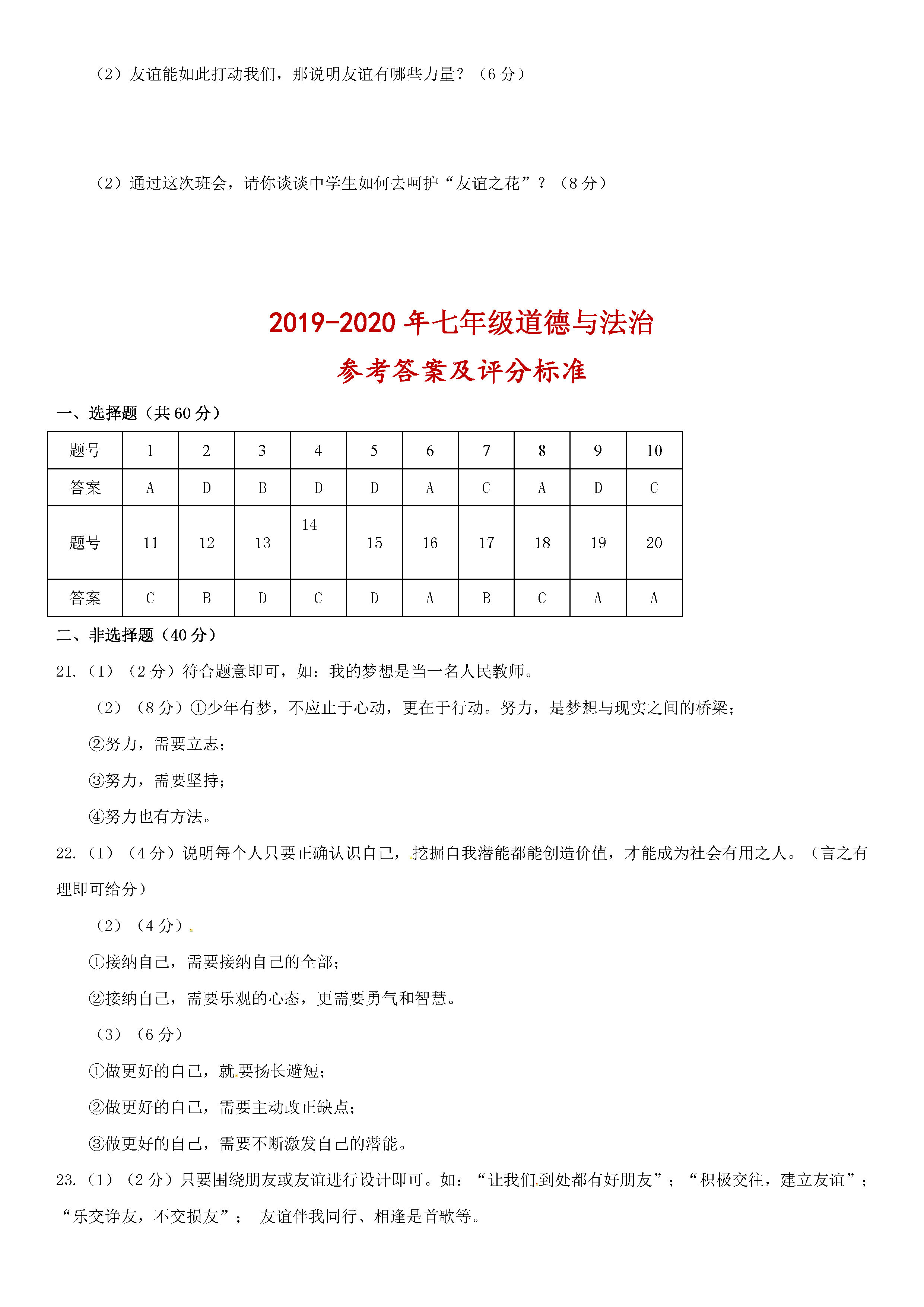 2019-2020湖南新田县初一政治上期末试题含答案