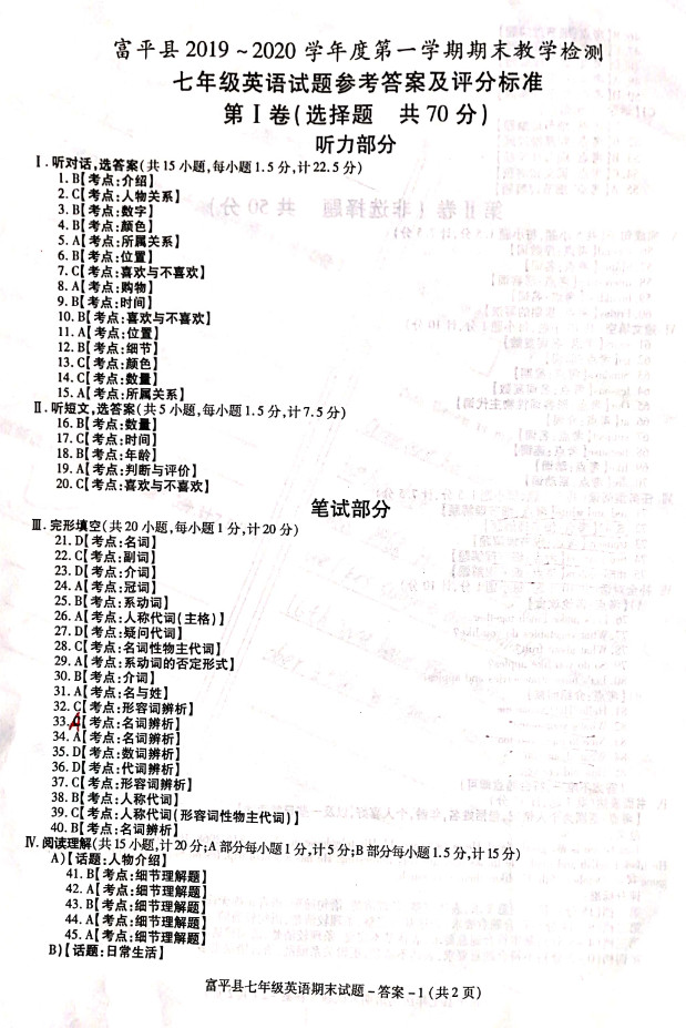 2019-2020陕西渭南初一英语上册期末试题含答案