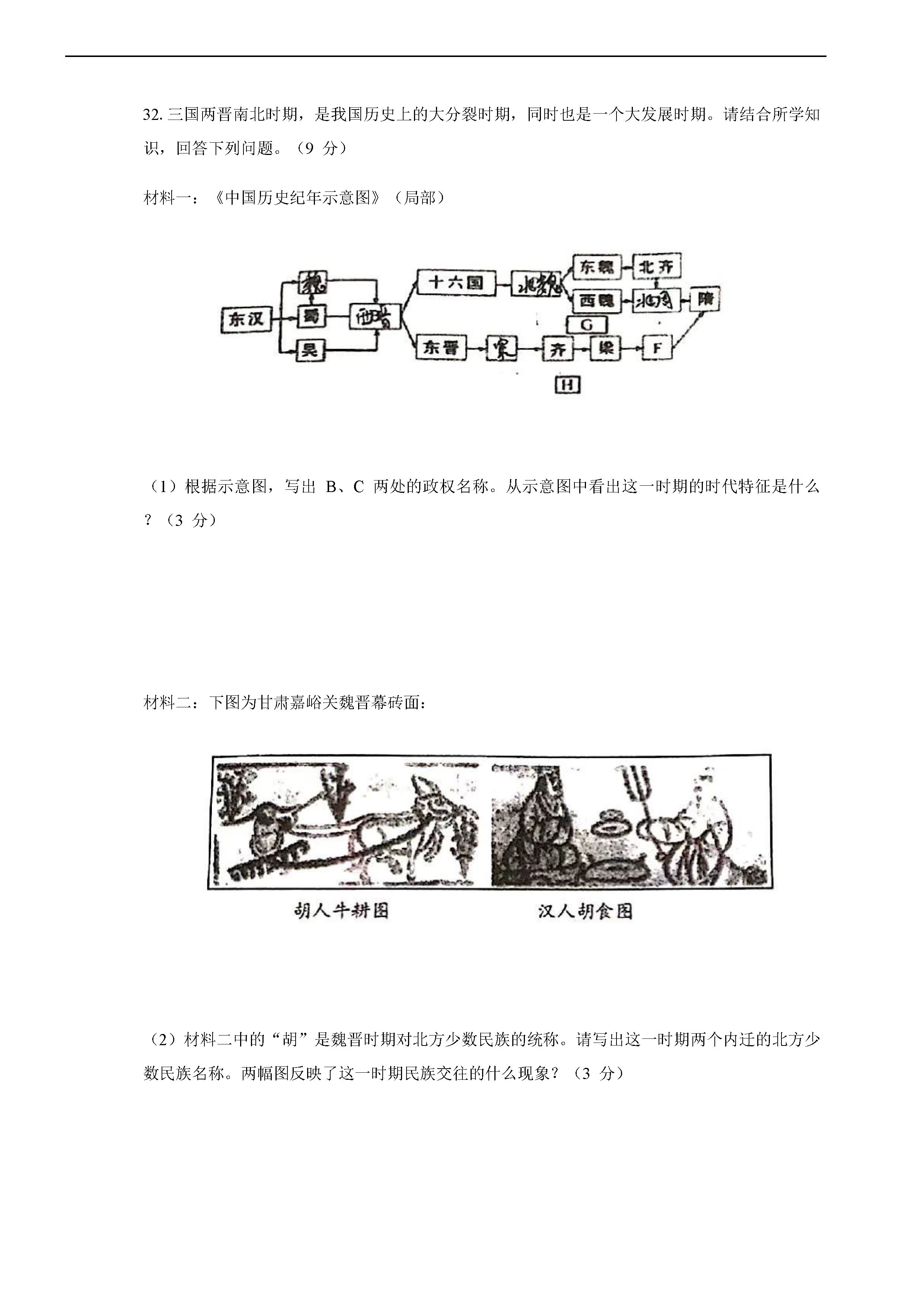 2019-2020江苏南通一中初一历史上期末试题无答案