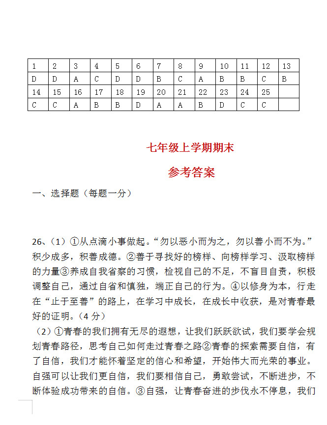 2019-2020山东宁阳县3中初一政治上期末试题含答案（图片版）