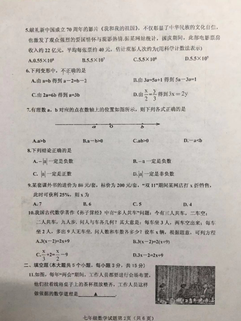 2019-2020山西榆次区初一数学上期末试题无答案（图片版）