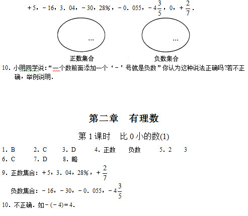 七年级数学单元测试系列：比0小的数(1)