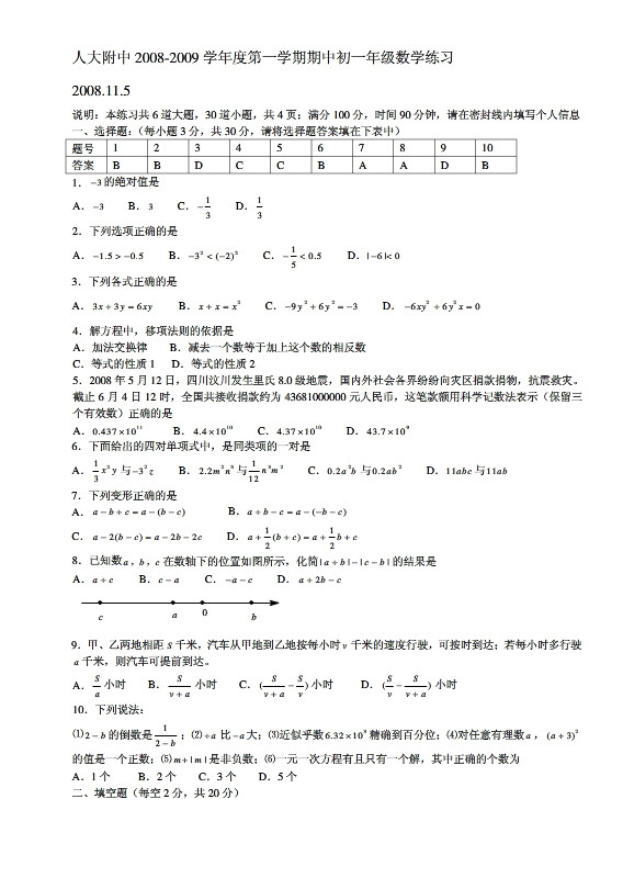 人大附中2008-2009学年度初一年级上期中数学试卷