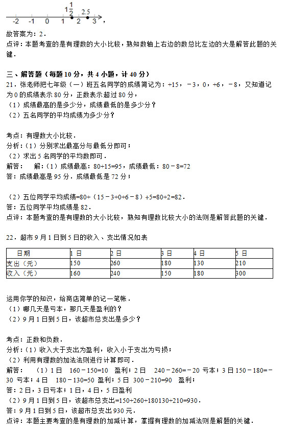 四川广安中学2015初一上学期数学月考试题答案解析