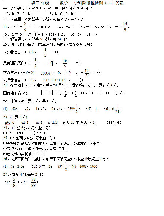 江阴市月城中学2015初一上第一次月考数学试题答案解析