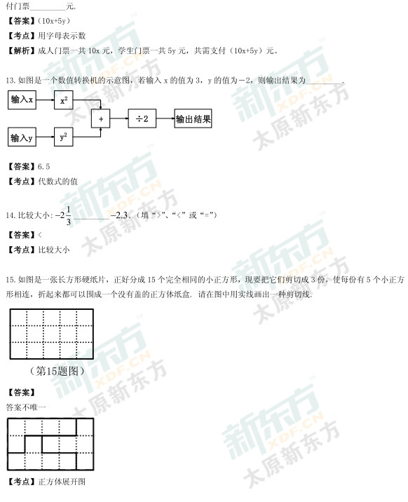 2015太原初一数学期中考试答案逐题解析（新东方版）