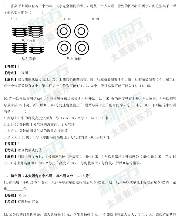 2015太原初一数学期中考试答案逐题解析（新东方版）