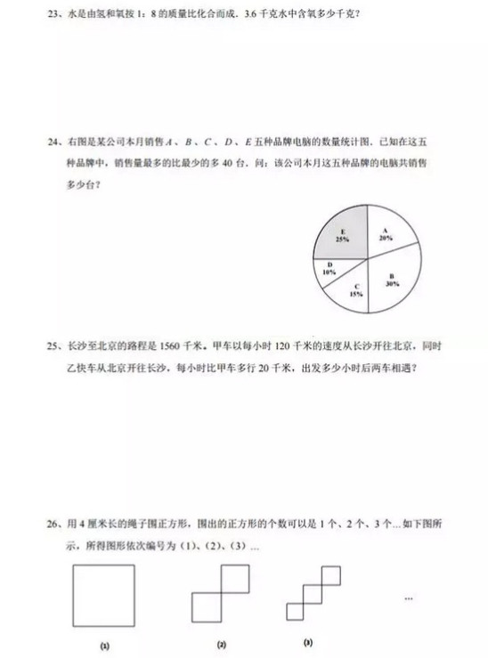 2016长沙新初一分班考试数学试题和答案（图片版）