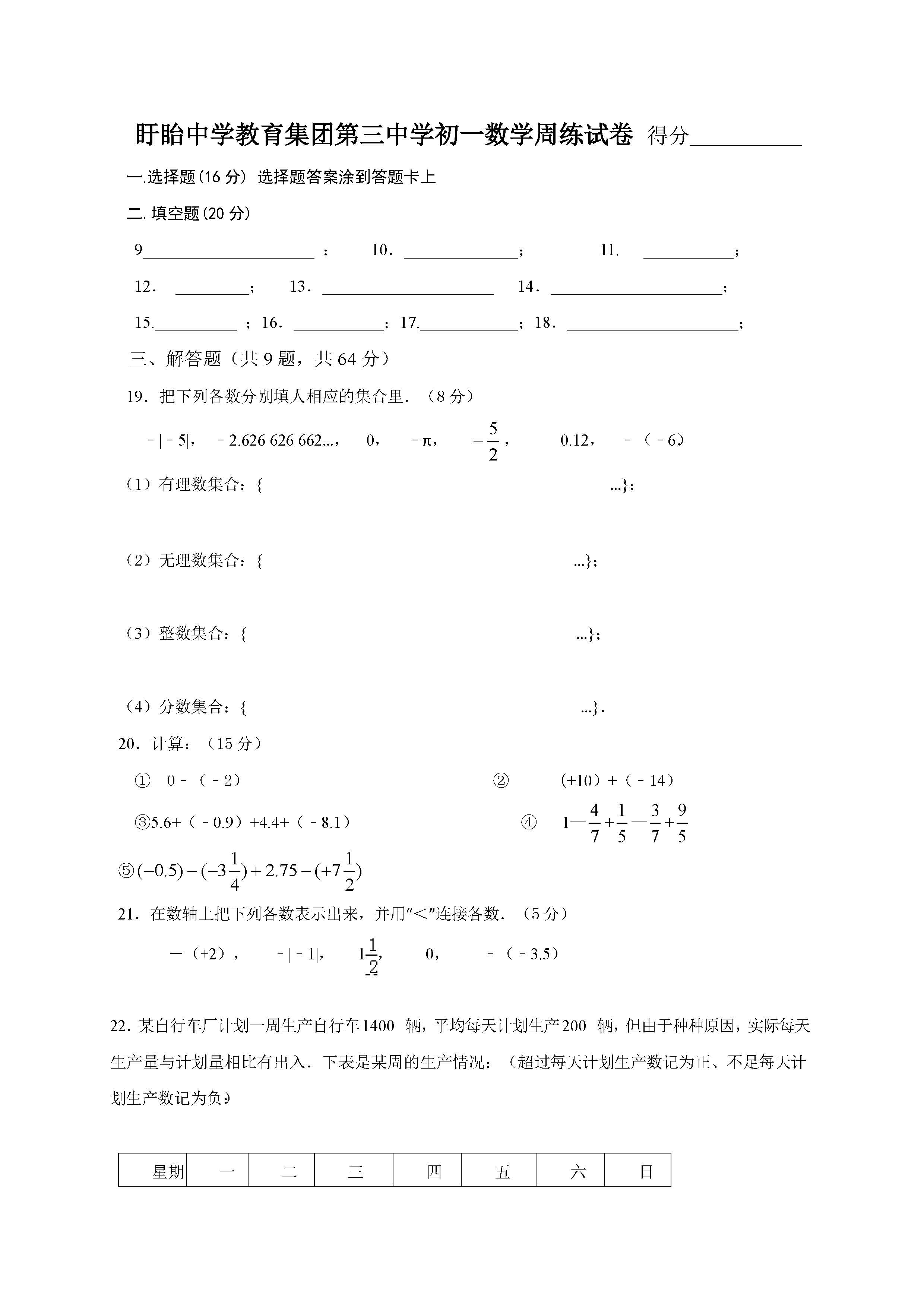 2016盱眙七年级第一次月考数学试题（图片版）