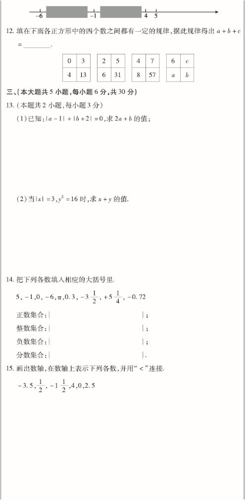 最新七年级数学上册第一单元检测试题（图片版）