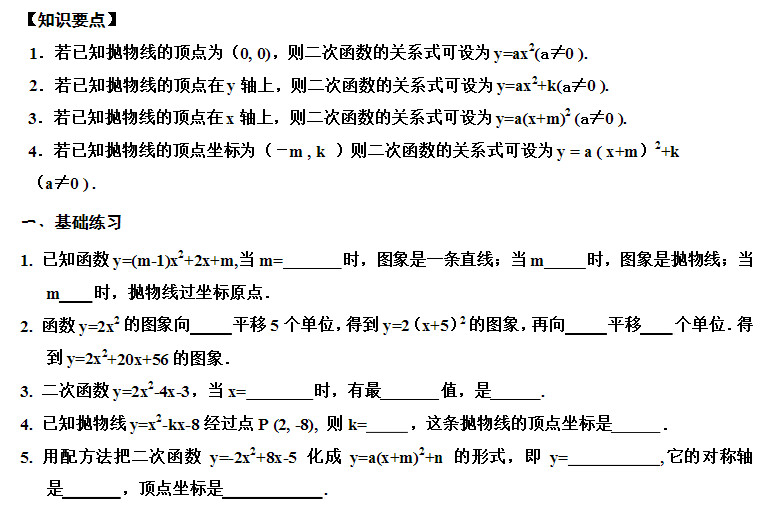 初三数学二次函数的性质知识要点及相关练习题