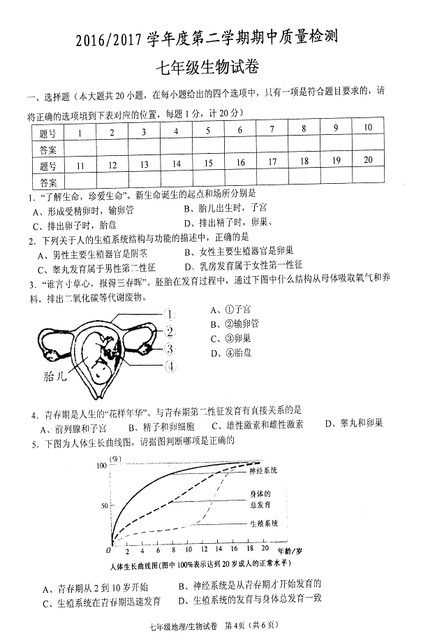 2017七年级生物期中试卷含参考答案(盐城市盐都区)