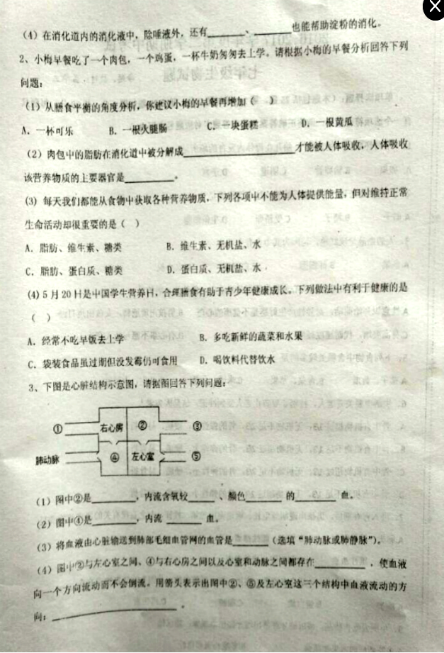 2017七年级生物期中试卷含参考答案(东台市)